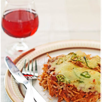 Spaghetti Lasagna or Baked Spaghetti with Bolognese and Little Cheese