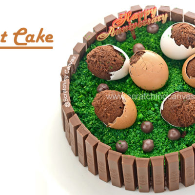 Kitkat Birthday Cake with Egg shell Brownies and Happy Birthday to Scratching Canvas