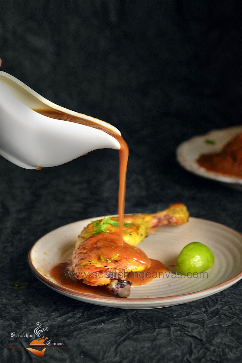 Turmeric Chicken Roast Cherry Sauce Pouring Food Photography