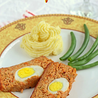 Egg stuffed Meatloaf with Buttermilk Mashed Potatoes